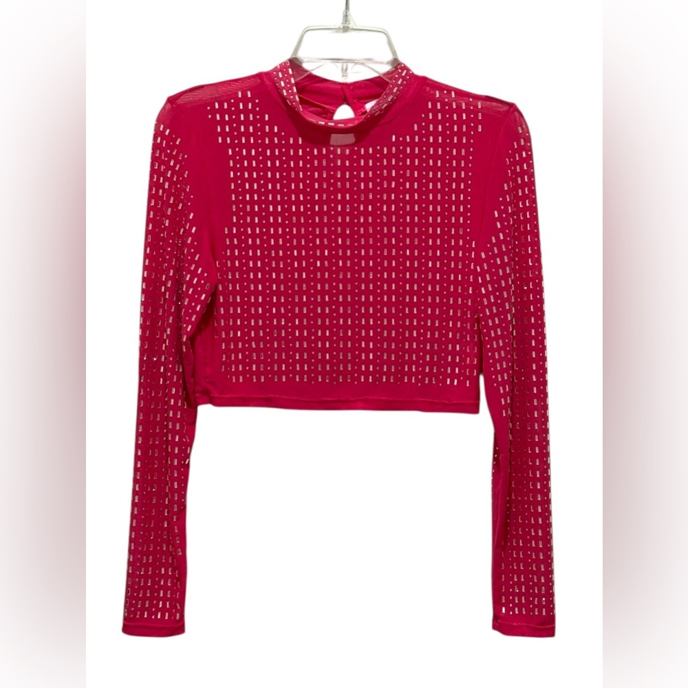 Poppy & Sy1, sheer, pink studded, long sleeve crop top. Size medium.